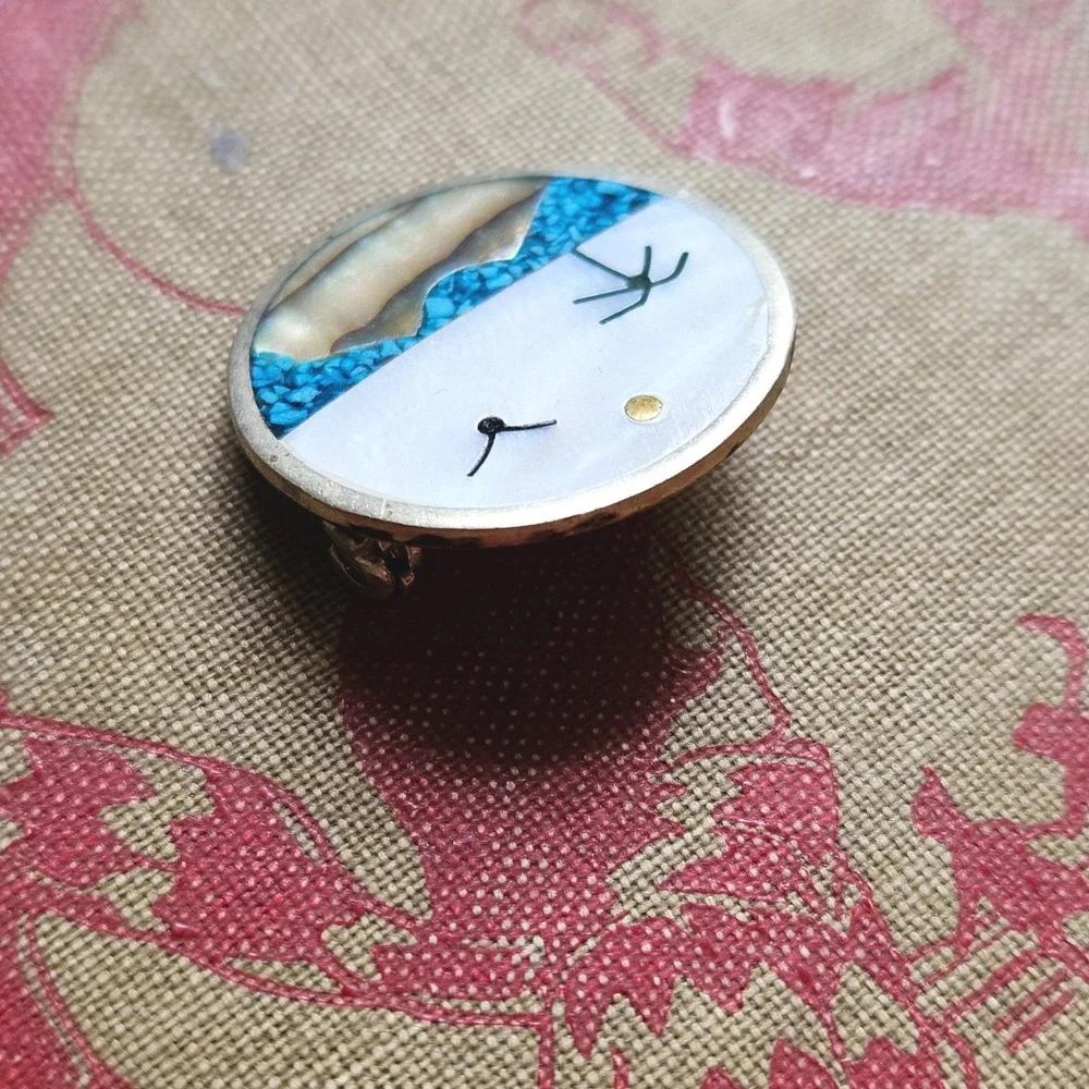 Vtg Alpaca Mexico Inlay Brooch Turquoise Abalone Palm Bird Coastal Beach Pin